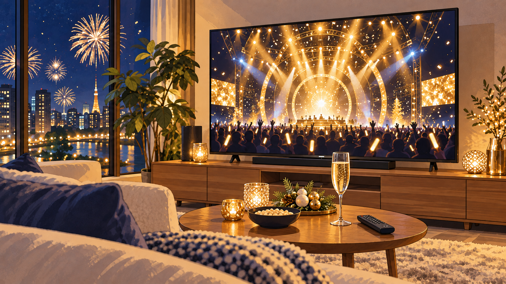 大晦日に自宅のテレビでカウントダウンライブ配信を楽しむイラスト